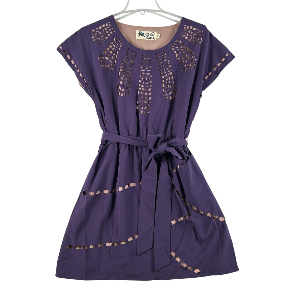 C Luce Dress Womens Medium Purple Cutout Belted Fit Flare Short Lined Casual